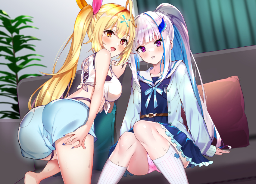 2girls :d :o ahoge arms_at_sides ass bare_arms bare_shoulders barefoot belt black_bra blonde_hair blue_cardigan blue_dress blue_hair blue_ribbon blue_shorts blue_skirt blunt_bangs blurry blurry_background blush bra braid breasts brown_belt buttons cameltoe cardigan colored_inner_hair couch crop_top curtains dress eyelashes foot_up frilled_dress frills hair_between_eyes hair_ornament hand_on_own_thigh hand_up head_tilt heterochromia high_ponytail hoshikawa_sara indoors knees_together_feet_apart leaning_forward lize_helesta long_hair long_sleeves looking_at_viewer looking_back medium_breasts miniskirt multicolored_hair multicolored_nails multiple_girls nail_polish nijisanji open_cardigan open_clothes open_mouth panties pantyshot pillow pink_eyes pink_panties plant pleated_dress pocket ponytail pukara purple_nails red_eyes red_nails ribbed_socks ribbon sailor_collar sailor_dress shirt short_dress shorts side_ponytail sidelocks sitting skirt sleeveless sleeveless_shirt sleeves_past_wrists small_breasts smile socks sweat thigh_strap tied_shirt underwear white_hair white_sailor_collar white_shirt white_socks x_hair_ornament yellow_eyes