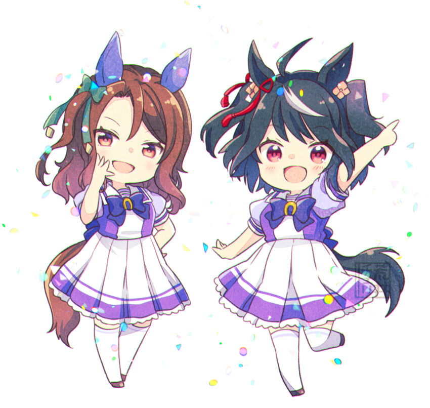 2girls ahoge animal_ears arai_cherry arm_up black_hair blush bow bowtie brown_hair chibi confetti hand_on_own_hip horse_ears horse_girl horse_tail index_finger_raised king_halo_(umamusume) kitasan_black_(umamusume) looking_at_viewer medium_hair multicolored_hair multiple_girls open_mouth orange_eyes purple_shirt red_eyes sailor_collar seal_impression shirt short_sleeves skirt smile streaked_hair tail thighhighs two_side_up umamusume watermark white_skirt white_thighhighs