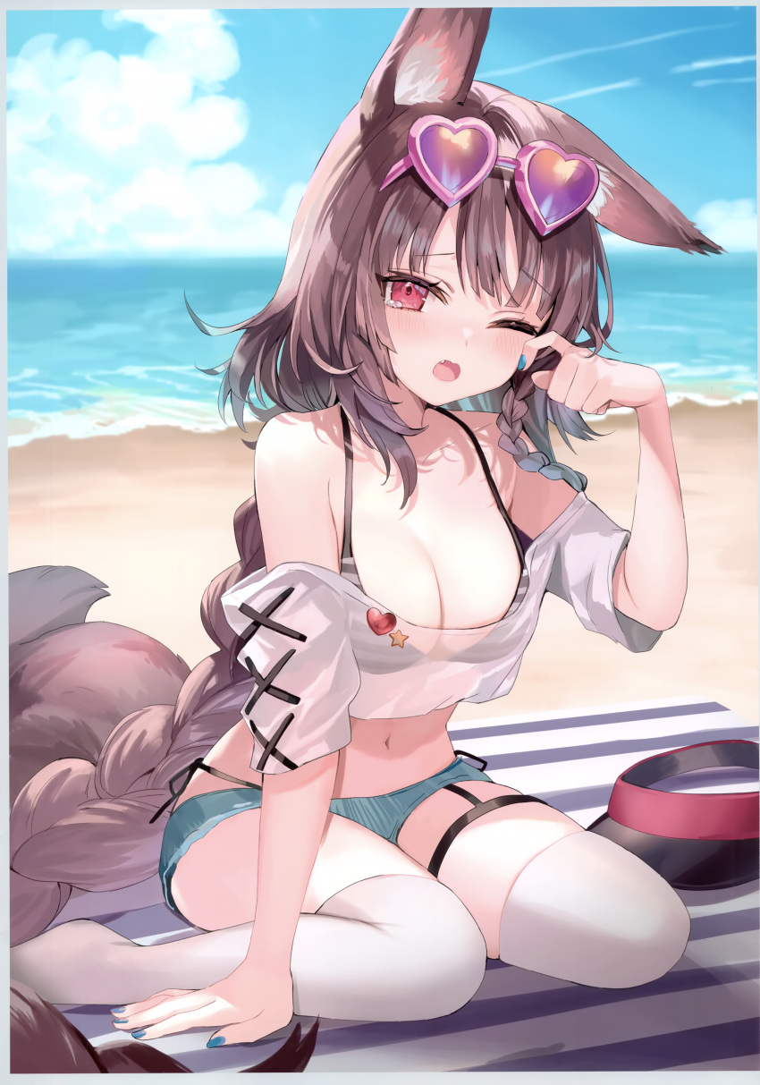 1girl absurdres animal_ears bare_shoulders beach blue_sky braid breasts brown_hair cleavage cloud cloudy_sky eyewear_on_head fang fox_ears fox_girl fox_tail heart heart-shaped_eyewear highres kitsune-chan_(momoko) long_hair looking_at_viewer momoko_(momopoco) navel off_shoulder one_eye_closed open_mouth original outdoors red_eyes scan short_sleeves shorts sitting sky solo swimsuit tail tearing_up thigh_strap thighhighs wariza white_thighhighs