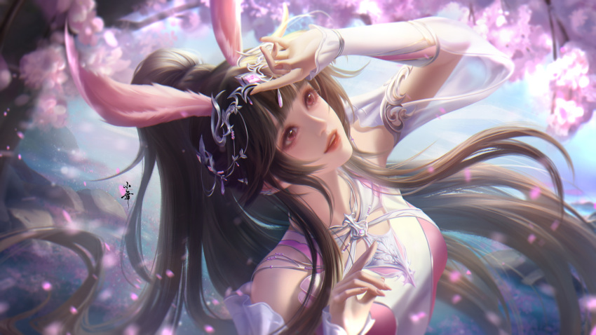 1girl absurdres animal_ears arm_up bare_shoulders brown_hair chizi_tiantian_du_xiang_huahua douluo_dalu dress falling_petals floating_hair hair_ornament highres long_hair looking_up open_mouth petals pink_dress pink_eyes ponytail rabbit_ears second-party_source smile solo tree upper_body xiao_wu_(douluo_dalu)