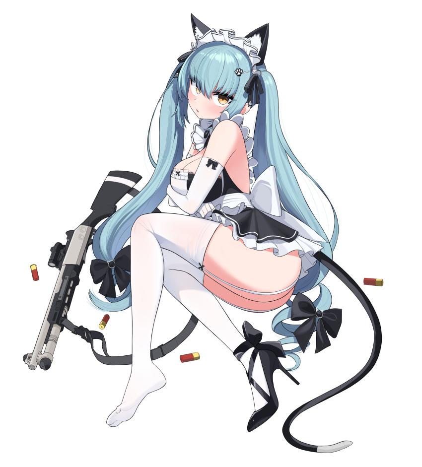 1girl absurdres animal_ears bebetang blue_hair fake_animal_ears goddess_of_victory:_nikke high_heels highres looking_at_viewer maid privaty_(nikke) privaty_(unkind_maid)_(nikke) shotgun_shell tail thighhighs weapon white_background white_thighhighs