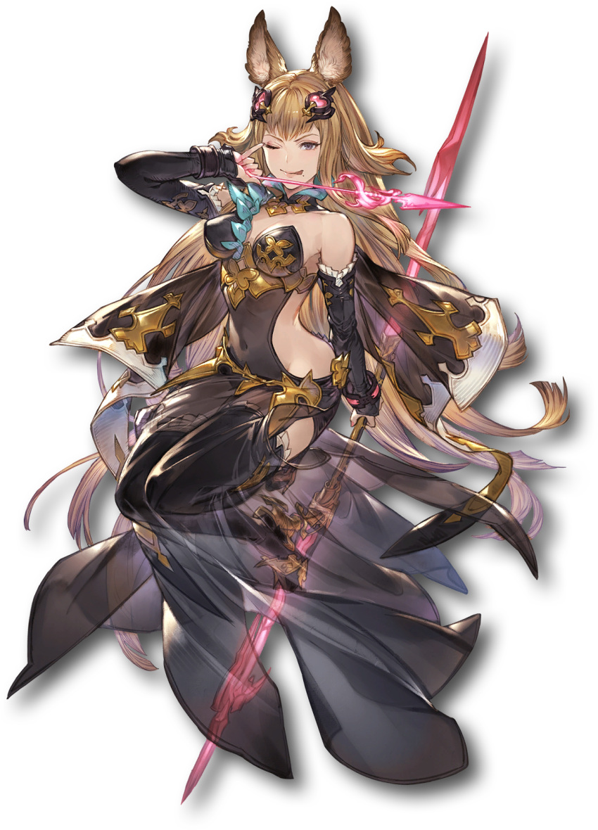 1girl animal_ear_fluff animal_ears arrow_(projectile) bare_shoulders black_dress black_shorts boots breasts brown_eyes brown_hair capelet covered_navel detached_collar dress drop_shadow erune fingernails full_body granblue_fantasy granblue_fantasy_versus hair_ornament highres holding holding_weapon lips looking_at_viewer medium_breasts metera_(granblue_fantasy) minaba_hideo mole mole_under_mouth official_alternate_costume official_art one_eye_closed see-through short_shorts shorts smile solo thigh_boots tongue tongue_out transparent_background weapon