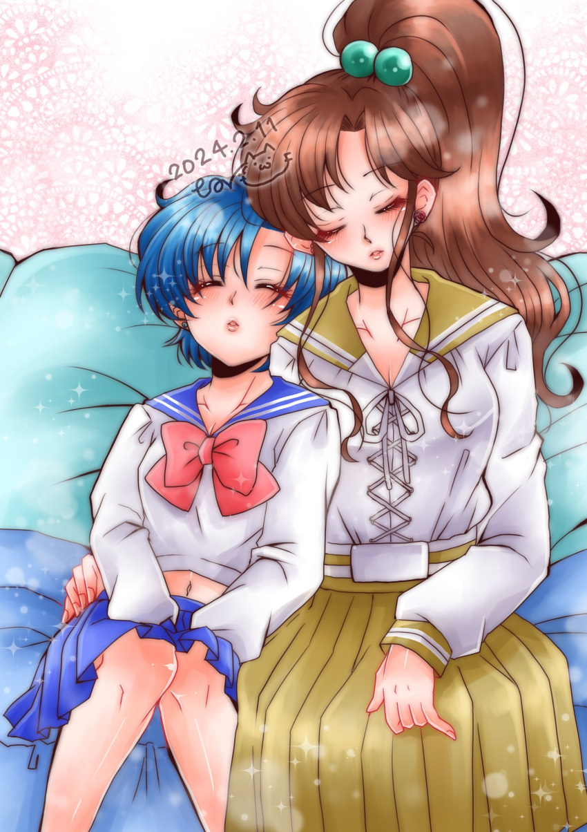 2girls bishoujo_senshi_sailor_moon blue_hair blue_sailor_collar blue_skirt bow bowtie breasts brown_hair cleavage green_sailor_collar green_skirt hair_bobbles hair_ornament highres juuban_middle_school_uniform kino_makoto kino_makoto's_school_uniform lips midriff_peek mizuno_ami multiple_girls navel red_bow red_bowtie sailor_collar school_uniform serafuku skirt sleeping supernova24_24