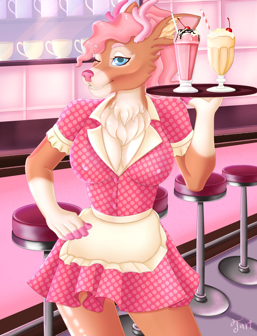 2022 absurd_res anthro antlers beverage brown_body brown_fur cafe cervine clothed clothing deer digital_media_(artwork) diner female fur hair hi_res horn ice_cream_parlor lexi_cerv mammal milkshake one_eye_closed parlor pink_hair purpletart restaurant server serving_beverage serving_tray smile solo waitress_uniform wink