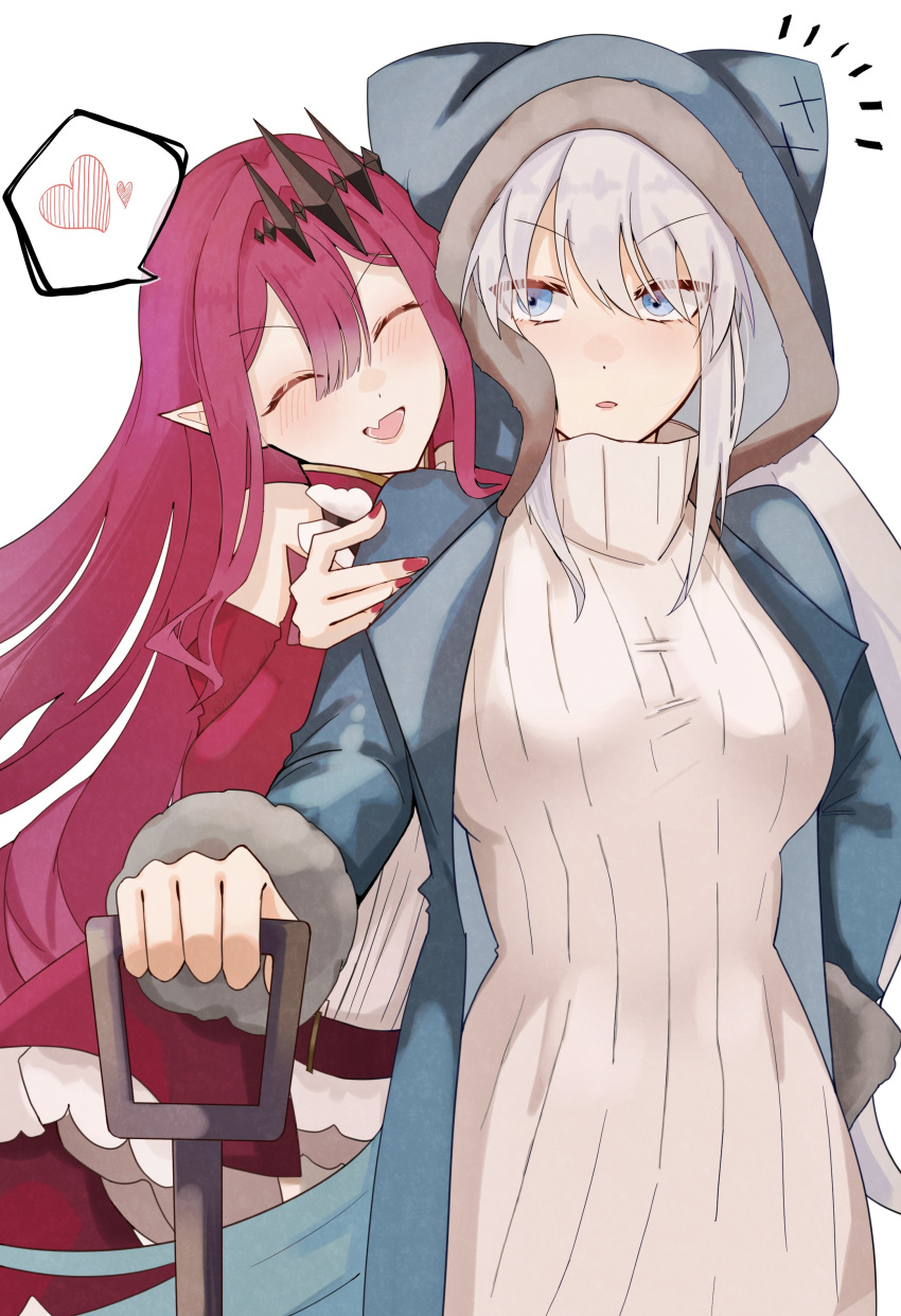 2girls :o absurdres animal_hood baobhan_sith_(fate) baobhan_sith_(first_ascension)_(fate) blue_eyes blue_jacket blush breasts closed_eyes detached_sleeves fang fate/grand_order fate_(series) hair_ornament head_on_another's_shoulder heart highres hood jacket long_hair mabotofu_maki morgan_le_fay_(fate) mother_and_daughter multiple_girls nail_polish necktie open_mouth pink_hair pointy_ears red_necktie ribbed_sweater shovel sidelocks smile speech_bubble surprised sweater turtleneck turtleneck_sweater white_background white_hair white_sweater