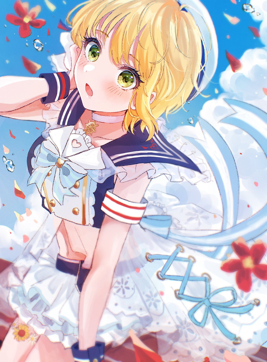 1girl blonde_hair blue_bow blue_bowtie blue_sailor_collar blue_shirt blue_sky blue_wristband blurry blush bow bowtie breasts choker cloud collarbone crop_top cropped_shirt depth_of_field dot_nose falling_petals flower from_side green_eyes hand_on_own_face hand_up hat highres idolmaster idolmaster_cinderella_girls idolmaster_cinderella_girls_starlight_stage layered_skirt looking_at_viewer medium_breasts midriff miniskirt miyamoto_frederica navel open_mouth petals red_flower rua_(idv) sailor_collar sash shirt short_hair skirt sky solo splashing striped_sash striped_wristband sunflower thigh_strap white_choker white_headwear white_sash white_skirt