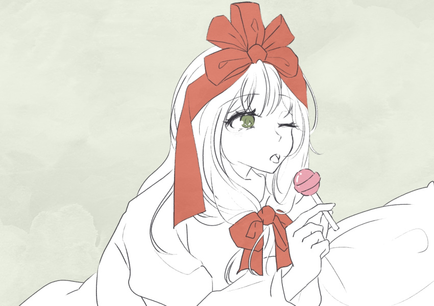 1girl bow byahap candy food front_ponytail green_eyes grey_background hair_bow hair_ribbon holding holding_candy holding_food holding_lollipop kagiyama_hina lollipop monochrome one_eye_closed open_mouth puffy_sleeves red_bow red_ribbon ribbon solo spot_color tongue tongue_out touhou upper_body