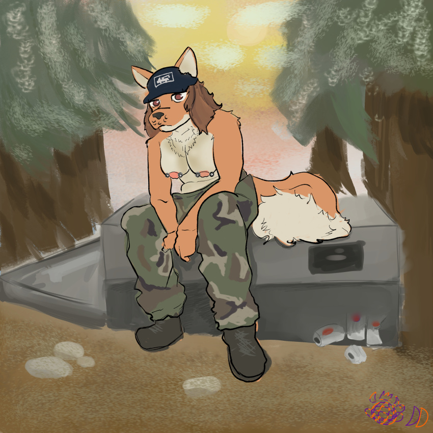 absurd_res anthro appliance baseball_cap boots breasts brown_hair cainine camo can clothing container detailed_background female footwear forest fridge hair hat headgear headwear hi_res kitchen_appliance nipple_piercing nipples orange_body original_character_do_not_steal piercing plant tree