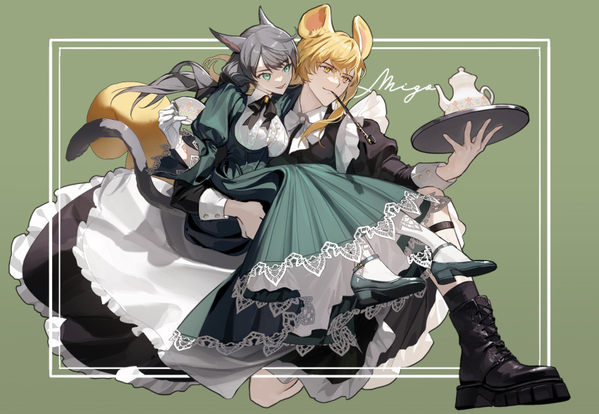 1boy 1girl animal_ears black_dress black_footwear black_ribbon black_socks carrying carrying_person cat_ears cat_girl cat_tail cross-laced_footwear crossdressing dress gloves green_dress green_footwear holding holding_tray kiseru legband long_dress maid male_maid migo45 mouth_hold neck_ribbon pinky_out ribbon single_glove smile smoking_pipe socks squirrel_ears squirrel_tail tail teapot tray white_gloves