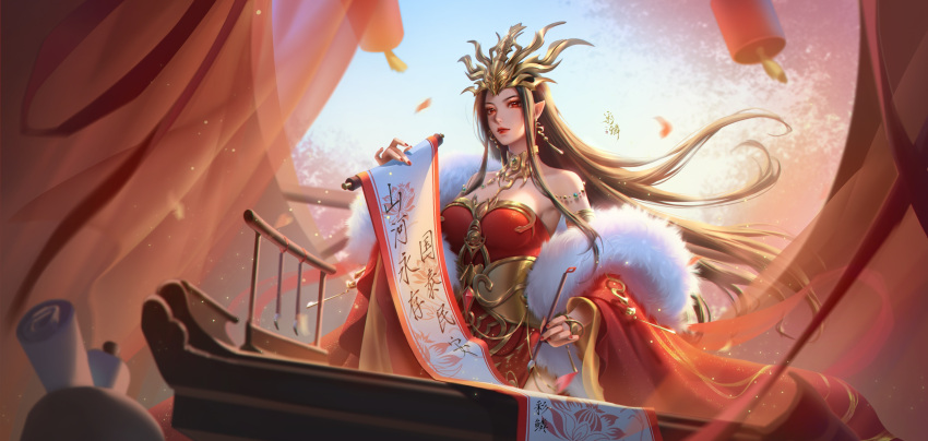 1girl absurdres bare_shoulders blue_sky brown_hair cai_lin_(doupo_cangqiong) caicai061 chinese_new_year detached_sleeves doupo_cangqiong dress earrings falling_petals fur_trim hair_ornament highres jewelry long_hair petals pointy_ears red_dress red_eyes red_nails scroll second-party_source sky solo table upper_body