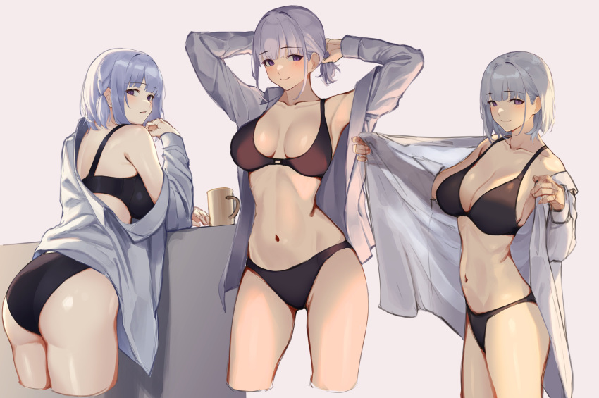1girl 3_small_spiders absurdres black_bra black_panties bra breasts collarbone collared_shirt commentary_request cropped_legs girls'_frontline grey_background highres linea_alba long_sleeves medium_breasts multiple_views navel open_clothes open_shirt panties purple_eyes rpk-16_(girls'_frontline) shirt short_hair simple_background smile tying_hair underwear white_hair white_shirt