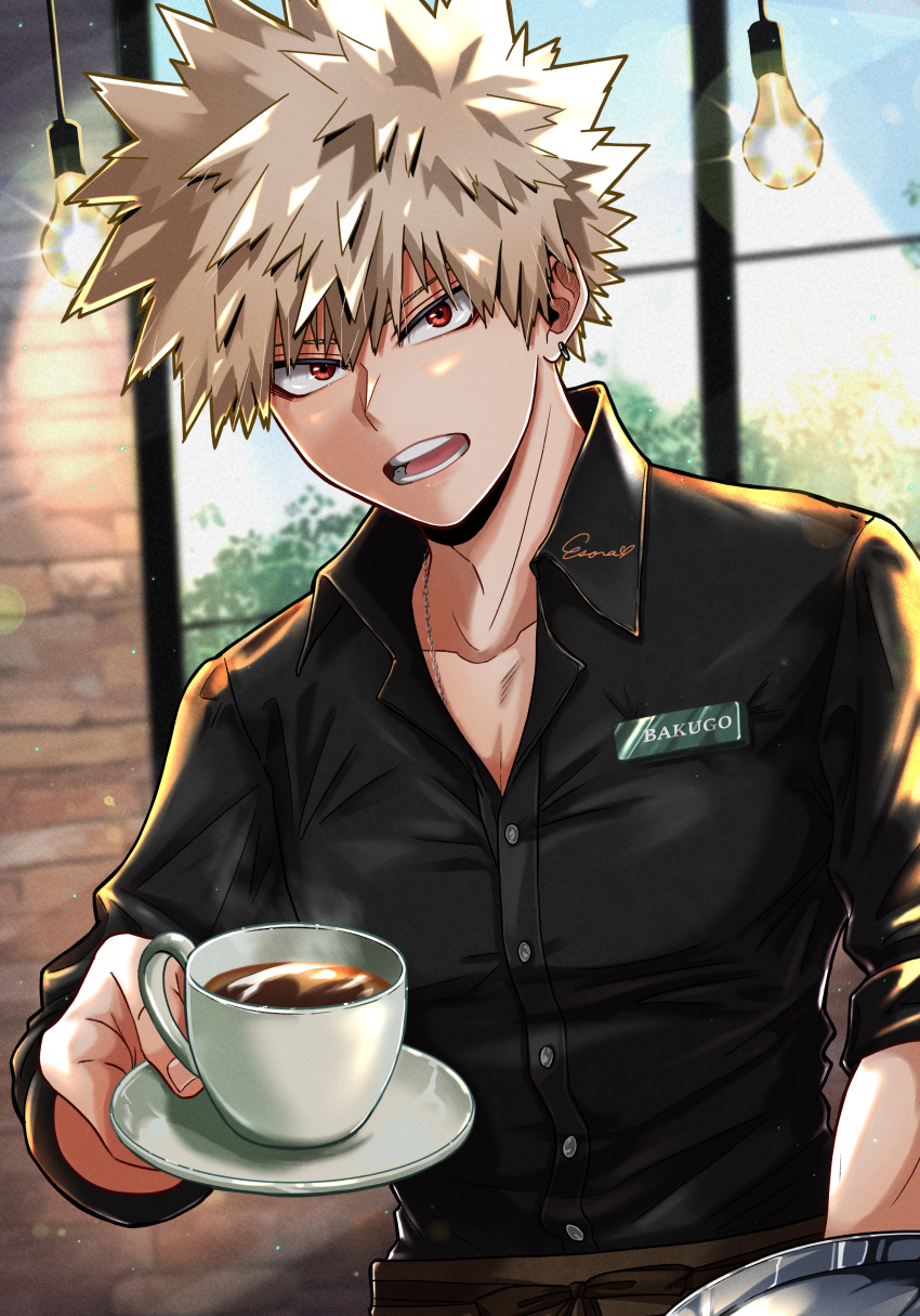 1boy absurdres apron bakugou_katsuki barista black_shirt blonde_hair boku_no_hero_academia brown_apron cafe coffee coffee_cup collared_shirt cup disposable_cup earrings esora-arts highres holding holding_saucer holding_tray indoors jewelry light_bulb looking_at_viewer male_focus name_tag necklace red_eyes saucer shirt solo spiked_hair steam tray waist_apron window