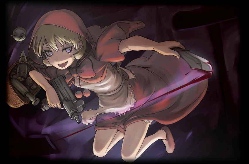 apron bad_id bad_pixiv_id basket blonde_hair blood blue_eyes bulleta dress face gun hood knife red_dress solo tea_(nakenashi) vampire_(game) weapon