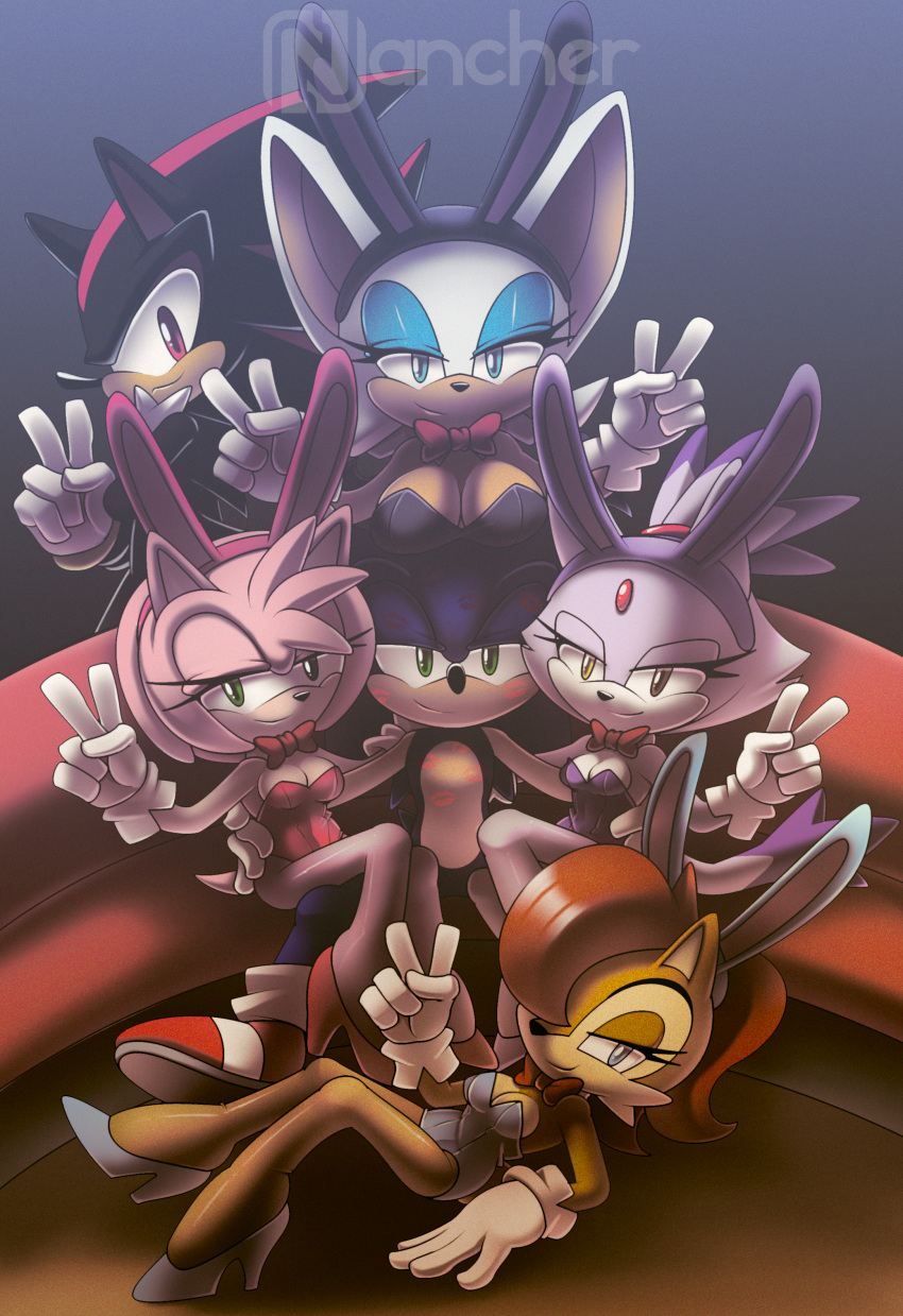 2boys 4girls absurdres amy_rose animal_ears bat_ears bat_wings black_fur black_leotard blaze_the_cat blue_eyes blue_fur blue_leotard bow bowtie brown_fur cat_ears cat_girl cat_tail forehead_jewel furry furry_female furry_male gloves green_eyes hedgehog_girl highres leotard looking_at_viewer multiple_boys multiple_girls nancher pink_fur ponytail purple_fur purple_leotard rabbit_ears red_bow red_bowtie red_eyes red_leotard rouge_the_bat sally_acorn shadow_the_hedgehog smile sonic_(series) sonic_the_hedgehog squirrel_girl tail v white_fur white_gloves wings yellow_eyes