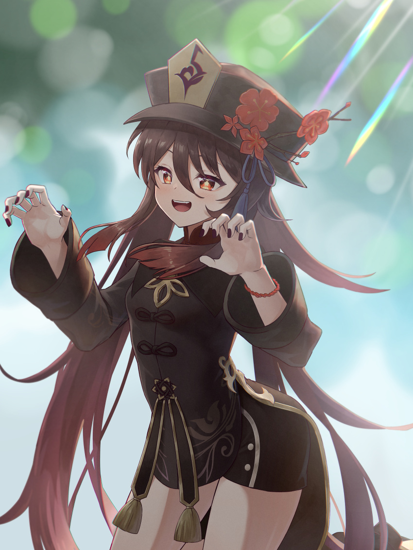 1girl absurdres backlighting black_headwear black_shorts breasts brown_hair brown_nails flower genshin_impact hands_up hat highres hu_tao_(genshin_impact) long_hair looking_at_viewer short_shorts shorts small_breasts thigh_gap tpnatta09