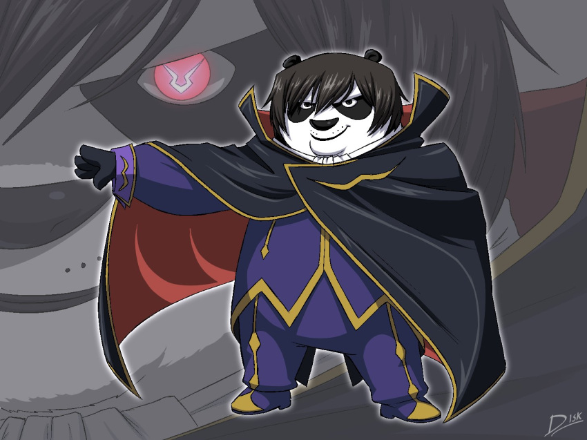 1boy alternate_costume animal_ears animal_nose arm_up artist_name ascot black_cape black_eyes black_fur black_gloves black_hair blue_coat blue_pants body_fur cape closed_mouth coat commentary cosplay diskette english_commentary fat fat_man full_body furry furry_male geass gloves glowing glowing_eyes gold_trim hair_between_eyes happy high_collar kung_fu_panda long_sleeves looking_at_viewer male_focus multiple_views outline outstretched_arm panda_boy panda_ears pants pink_eyes po_(kung_fu_panda) short_hair sidelocks signature smile standing two-sided_cape two-sided_fabric two-tone_fur white_ascot white_fur white_outline zero_(code_geass) zero_(code_geass)_(cosplay) zoom_layer