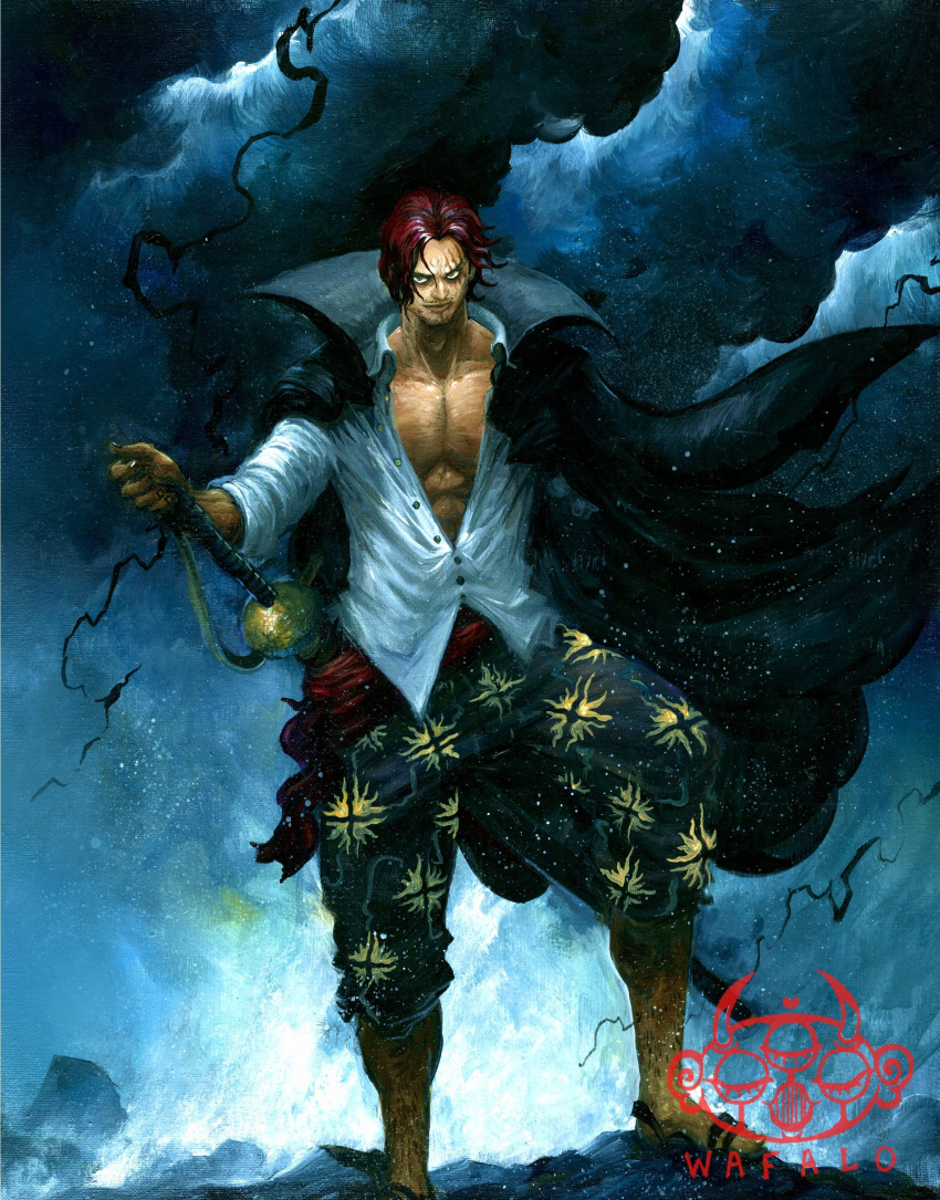 1boy absurdres acrylic_paint_(medium) amputee artist_logo artist_name bare_pectorals black_coat black_lightning cloud coat collared_coat dark_clouds facial_hair haki highres holding holding_sword holding_weapon leg_hair looking_at_viewer male_focus one_piece open_clothes open_shirt painting_(medium) pectorals print_shorts red_hair sandals scar scar_across_eye scar_on_face shanks_(one_piece) shirt short_hair shorts smile solo standing storm sun_print sword traditional_media unbuttoned unbuttoned_shirt wafalo weapon white_shirt