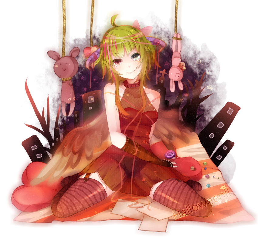alternate_costume bad_id bad_pixiv_id collar green_eyes green_hair gumi hanged hanging heterochromia highres horns itamidome kneeling red_eyes rope short_hair sitting smile solo stuffed_toy tears thighhighs vocaloid wariza wings