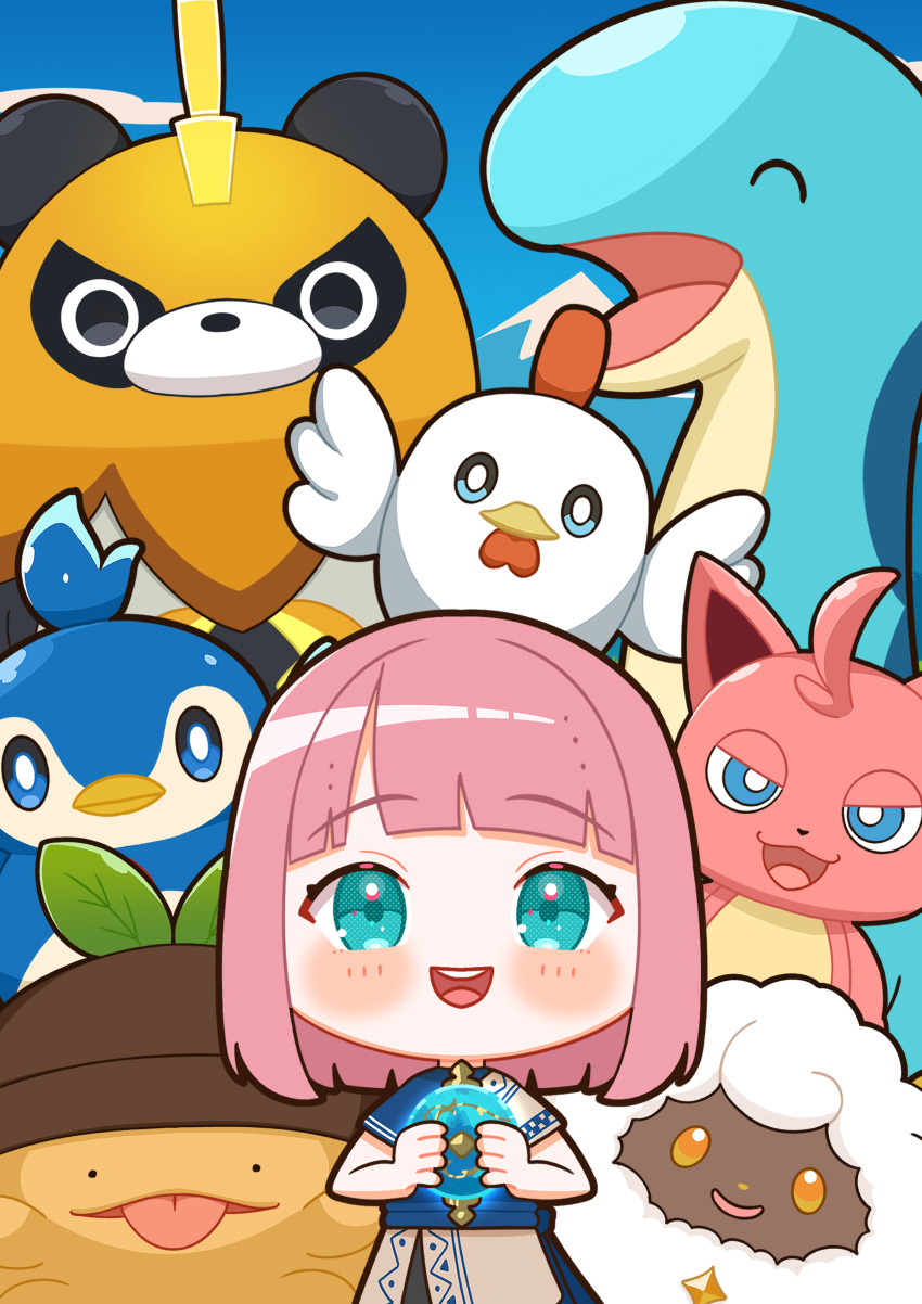 1girl :d absurdres bird blue_eyes blush cat cattiva chibi chicken chikipi gumoss highres hiruno_isu holding lamball looking_at_viewer mossanda_lux no_nose open_mouth pal_(creature) pal_sphere palworld penguin pengullet pink_hair player_character_(palworld) relaxaurus round_teeth sheep short_hair smile straight-on teeth upper_teeth_only