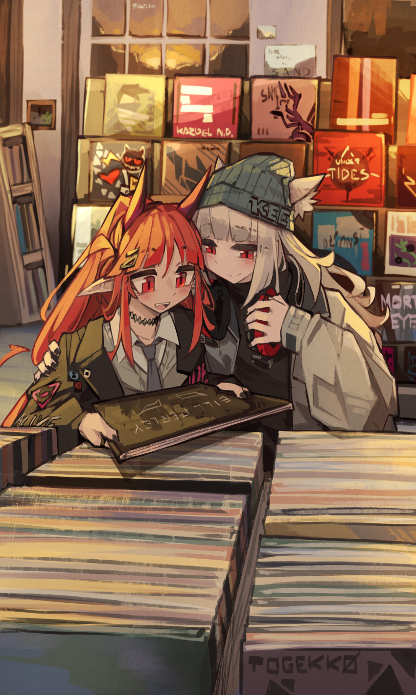 2girls absurdres animal_ear_fluff animal_ears arknights black_nails book bookstore commentary english_commentary frostleaf_(arknights) highres holding holding_book horns jacket knit_hat multiple_girls necktie open_clothes open_jacket pointy_ears red_eyes red_hair shop togekk0 vigna_(arknights) yuri