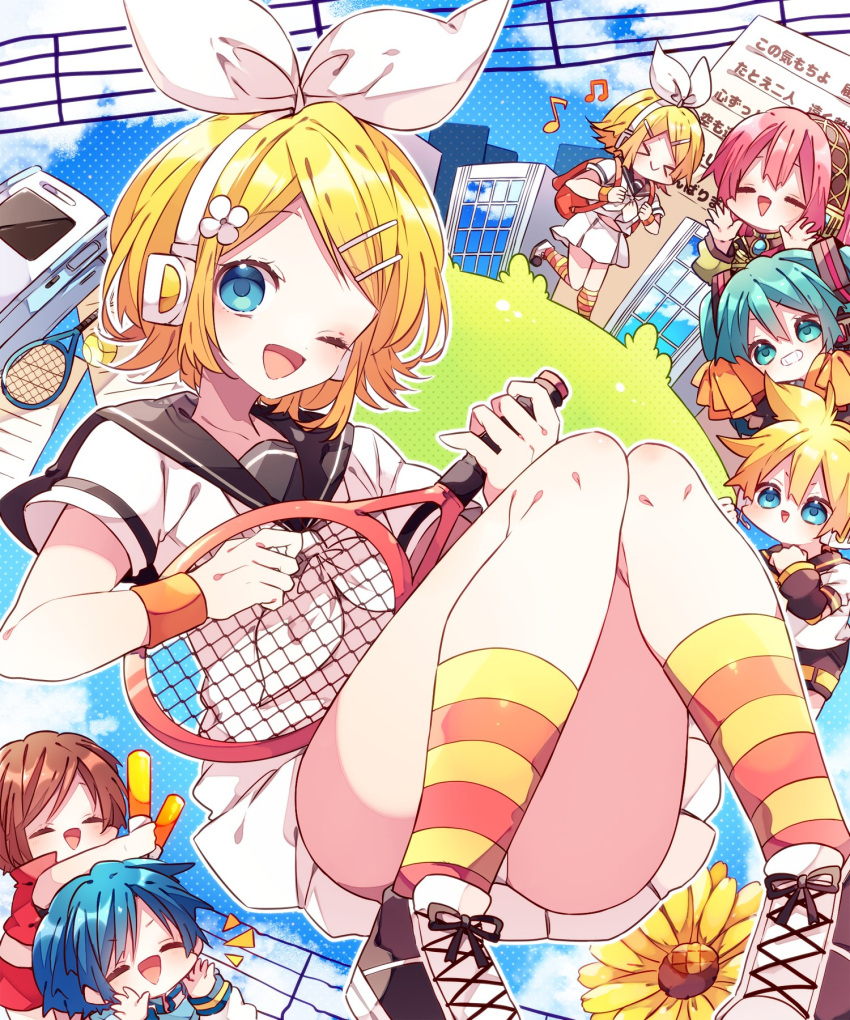 1girl backpack bag black_footwear black_sailor_collar blue_eyes bow building cellphone chibi chibi_inset flower glowstick grass hair_bow hair_flower hair_ornament hatsune_miku headphones highres holding_tennis_racket kagamine_len kagamine_rin kaho_0102 kaito_(vocaloid) megurine_luka meiko_(vocaloid) musical_note neckerchief one_eye_closed open_mouth orange_socks phone pleated_skirt racket randoseru red_bag sailor_collar school_uniform serafuku skirt sky skyscraper smartphone smile socks striped_clothes striped_socks sunflower tennis_racket thighs vocaloid white_bow white_flower white_headphones white_neckerchief white_serafuku white_skirt yellow_socks