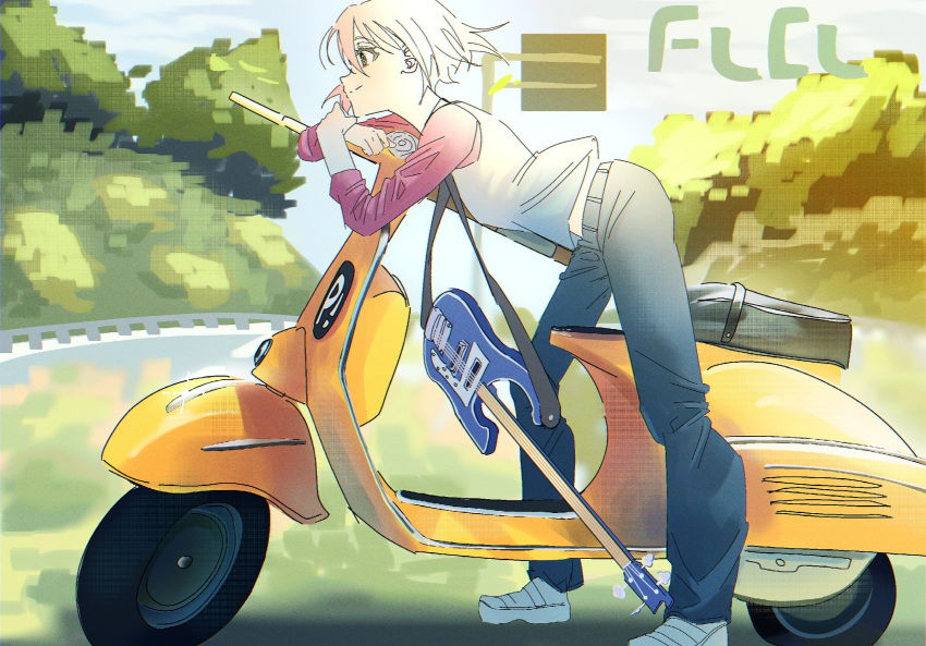 1girl denim flcl guitar haruhara_haruko highres instrument irreligiositat jeans motor_vehicle pants photo-referenced pink_hair scooter short_hair solo tree vespa white_footwear