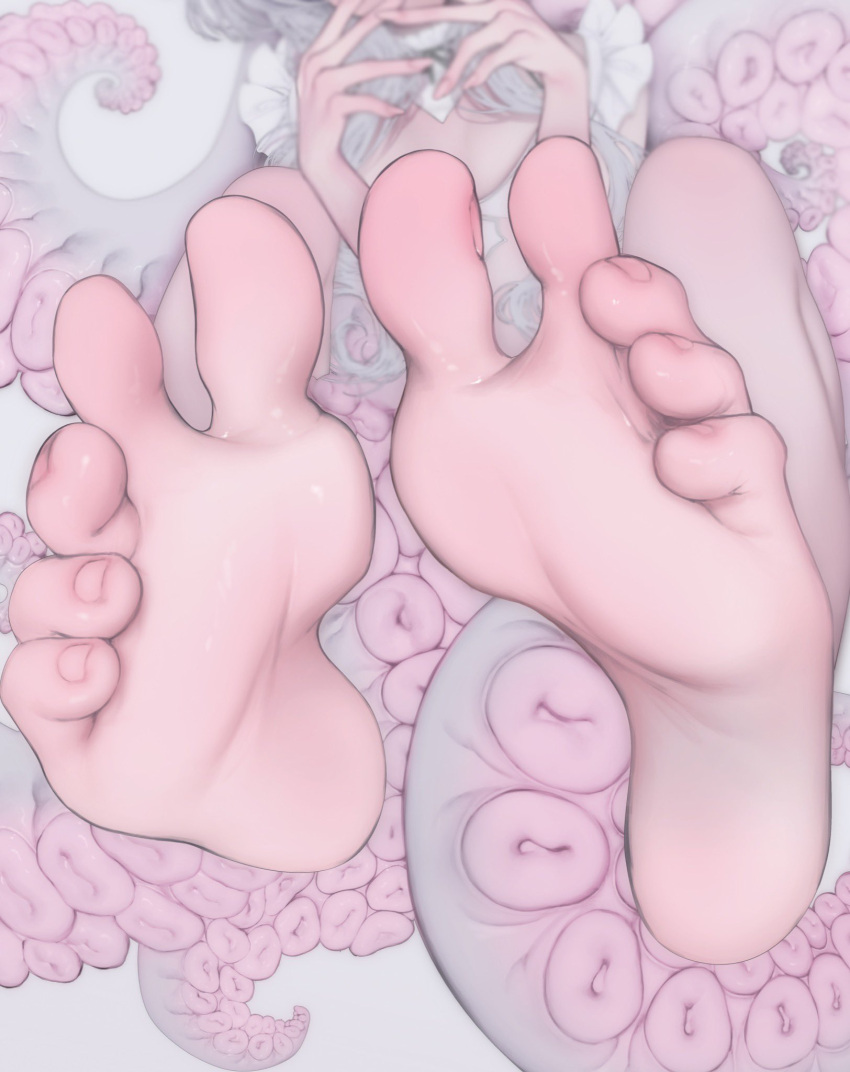 1girl bare_legs barefoot breasts close-up feet fingernails foot_focus foreshortening head_out_of_frame highres indie_virtual_youtuber legs legs_up long_hair lying nail_polish no_shoes on_back soles solo spread_toes tentacles toe_scrunch toenails toes virtual_youtuber ywuria ywuria_(vtuber)