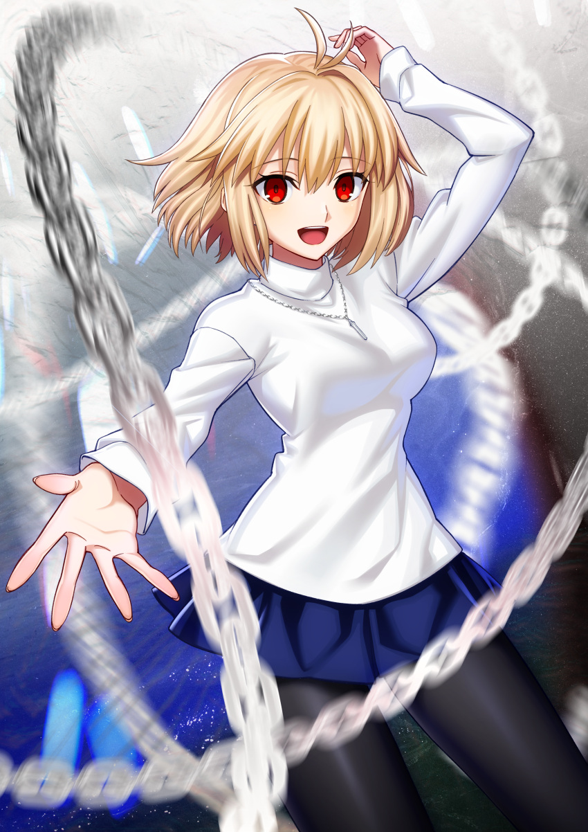 1girl absurdres arcueid_brunestud black_pantyhose blonde_hair blue_skirt blush breasts chain highres kujuu_shikuro large_breasts long_sleeves looking_at_viewer open_mouth pantyhose red_eyes short_hair skirt smile solo sweater thighs tsukihime tsukihime_(remake) turtleneck turtleneck_sweater white_sweater