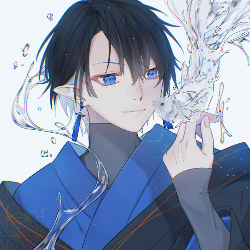 1boy asa_no_ha_(pattern) black_hair black_jacket blue_eyes blue_hair blue_kimono blue_theme caustics closed_mouth colored_inner_hair earrings eyeliner fingernails fish goldfish grey_undershirt hair_between_eyes hand_up haori highres jacket japanese_clothes jewelry kimono layered_clothes long_sleeves looking_at_animal looking_to_the_side makeup male_focus multicolored_hair off_shoulder original pointy_ears short_hair simple_background sleeves_past_wrists smile tassel tassel_earrings tsuki_mitsu two-tone_hair undershirt water