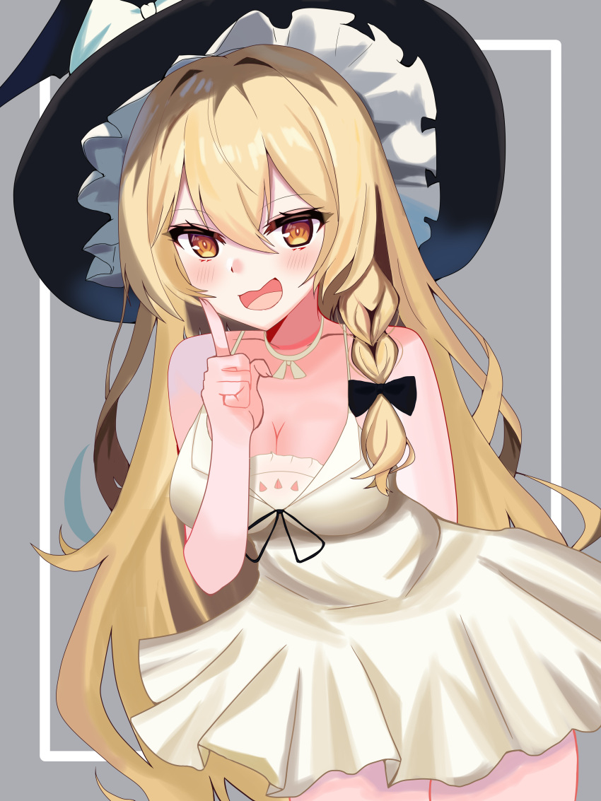 1girl absurdres alternate_costume black_headwear blonde_hair blush braid breasts cleavage commentary dress fang grey_background hat highres index_finger_raised kirisame_marisa long_hair looking_at_viewer medium_breasts ody_kishi open_mouth side_braid simple_background single_braid skin_fang touhou very_long_hair white_dress witch_hat yellow_eyes