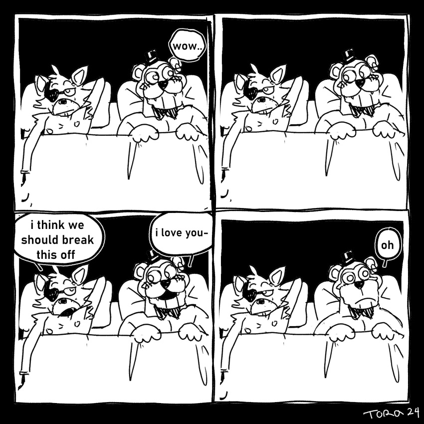 4_panel_comic anthro bear bed canid canine comic duo five_nights_at_freddy's five_nights_at_freddy's:_security_breach fox foxy_(fnaf) furniture glamrock_freddy_(fnaf) hi_res male male/male mammal scottgames steel_wool_studios tora_gy