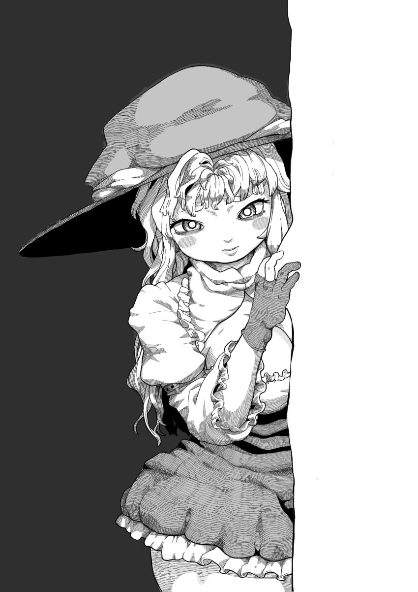 1girl bags_under_eyes blush breasts bright_pupils cleavage closed_mouth collared_dress commentary_request cookie_(touhou) cowboy_shot dress frilled_shirt_collar frills gloves greyscale hat highres juliet_sleeves kirisame_marisa large_breasts long_hair long_sleeves looking_at_viewer mars_(cookie) medium_bangs monochrome partially_fingerless_gloves peeking_out puffy_sleeves raised_eyebrows solo tonchamon_san touhou wavy_hair witch_hat