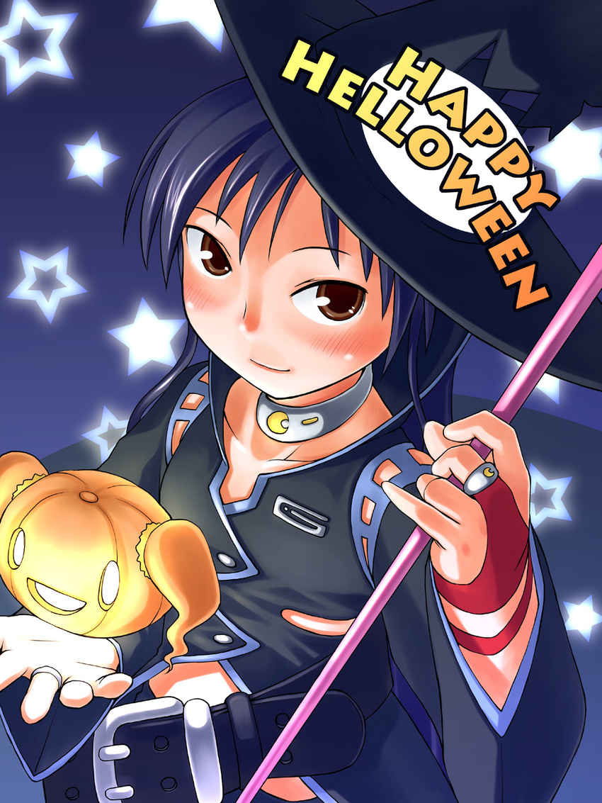 belt blue_hair bridal_gauntlets brown_eyes choker ginger_(pixiv) glowing halloween happy_halloween hat highres idolmaster idolmaster_(classic) jack-o'-lantern jewelry kisaragi_chihaya long_hair looking_up pumpkin ring solo star takatsuki_yayoi upturned_eyes witch_hat