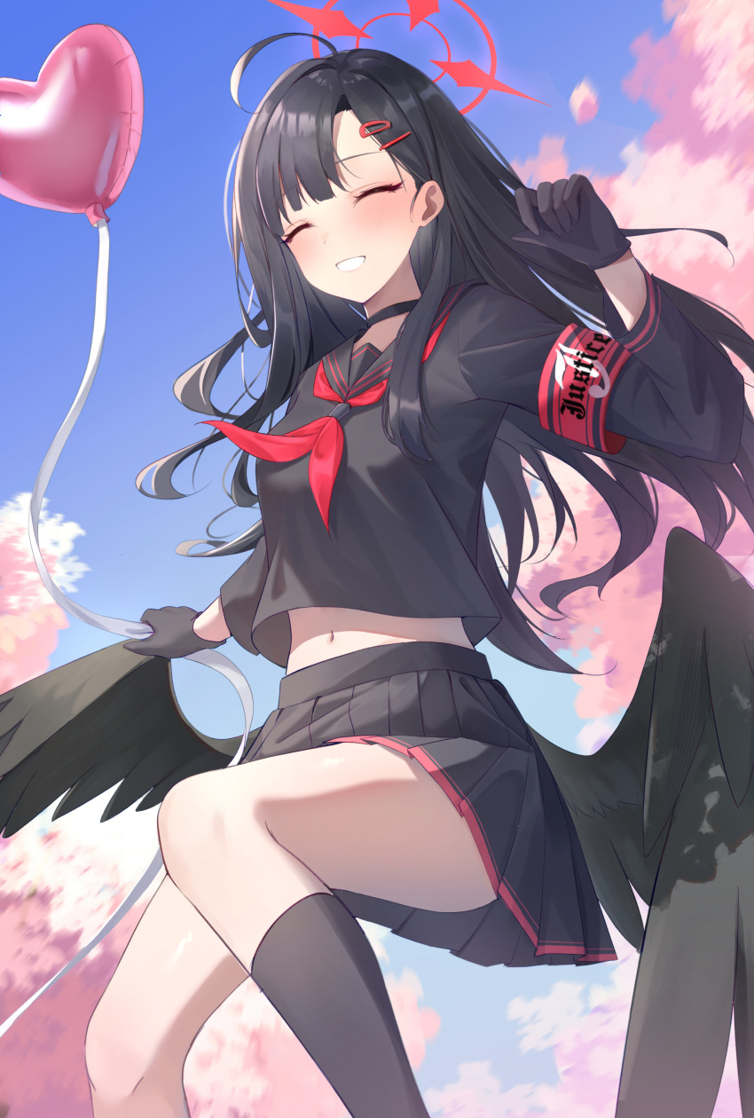 1girl absurdres armband balloon black_choker black_gloves black_hair black_serafuku black_shirt black_skirt black_socks black_wings blue_archive blue_sky breasts cherry_blossoms choker closed_eyes commentary_request feathered_wings feet_out_of_frame gloves halo hand_up heart_balloon highres ichika_(blue_archive) kneehighs long_hair long_sleeves low_wings medium_breasts midriff_peek neckerchief outdoors pleated_skirt red_armband red_halo red_neckerchief school_uniform sellf serafuku shirt skirt sky smile socks solo thighs wings