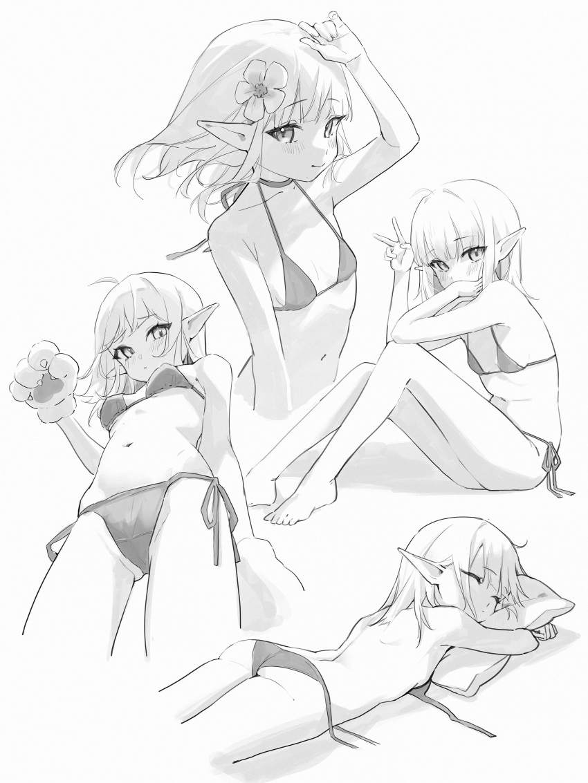 1girl absurdres ahoge ass bikini character_request closed_eyes commentary_request copyright_request elf flat_chest flower greyscale hair_flower hair_ornament highres looking_at_viewer midori_xu monochrome multiple_views pointy_ears side-tie_bikini_bottom simple_background smile solo swimsuit untied_bikini white_background