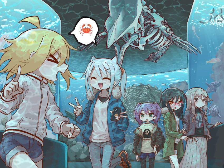 &gt;_&lt; 5girls agoshi_sakina ahoge animal_skeleton aquarium black_hair black_jacket blazer blonde_hair blue_jacket blush braid brown_eyes caustics cellphone closed_eyes coat commentary_request denim denim_shorts double_v fish fish_hair_ornament fur-trimmed_hood fur_trim green_coat green_eyes grey_hair grey_jacket grey_pants hair_ornament hamigaki_ki_aka hand_on_own_hip highres holding holding_phone hood hood_down hooded_coat hooded_jacket indoors jacket jeans long_hair long_skirt long_sleeves looking_at_another medium_hair multiple_girls null-meta off_shoulder open_clothes open_jacket pants pantyhose_under_shorts phone pleated_skirt ponytail print_shirt profile running school_of_fish shared_speech_bubble shinohara_kogome shirt short_shorts shorts skirt sleeve_pull smartphone souen_chiaki speech_bubble standing standing_on_one_leg takada_shiyuki tsurime twintails uozumi_kurumi v whale white_hair white_jacket white_shirt yellow_eyes yellow_shirt