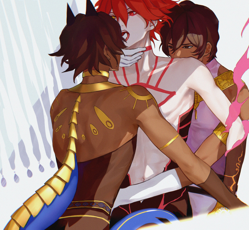 3boys absurdres arjuna_(fate) arjuna_alter_(fate) back bare_shoulders brothers brown_eyes brown_hair colored_eyelashes colored_skin dark-skinned_male dark_skin eyeliner facing_another fate/grand_order fate_(series) gloves hair_between_eyes heterochromia highres horns incest karna_(fate) looking_at_another makeup male_focus multiple_boys navel open_mouth pale_skin red_eyes short_hair siblings simple_background super_karna_(fate) teeth tokaoioi1 white_gloves white_skin yaoi yellow_eyes