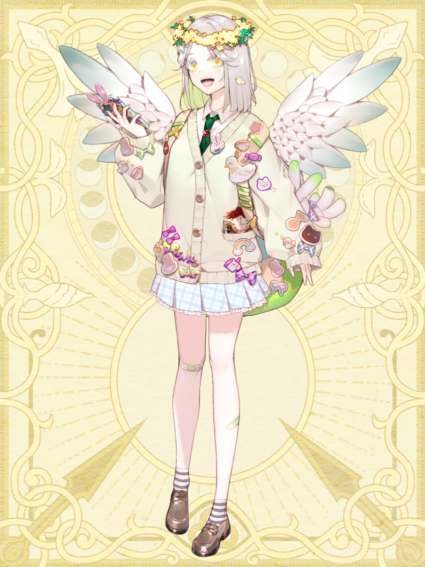 1girl :d angel_wings backpack badge bag bandaid bandaid_on_knee bandaid_on_leg blue_skirt bow brooch brown_footwear button_badge cardigan cellphone chain_paradox collared_shirt colored_inner_hair duck_hair_ornament flower flower_wreath frilled_skirt frills full_body green_eyes green_hair green_necktie grey_hair head_wreath highres holding holding_phone jewelry loafers long_sleeves looking_at_viewer medium_hair multicolored_hair musical_note necktie orange_pupils parted_bangs phone phone_with_ears pleated_skirt rainbow school_uniform shamoku_toriko shichimi shirt shoes skirt sleeves_past_wrists smartphone smartphone_case smile socks solo standing striped_clothes striped_socks white_shirt white_socks white_wings wings yellow_cardigan yellow_flower