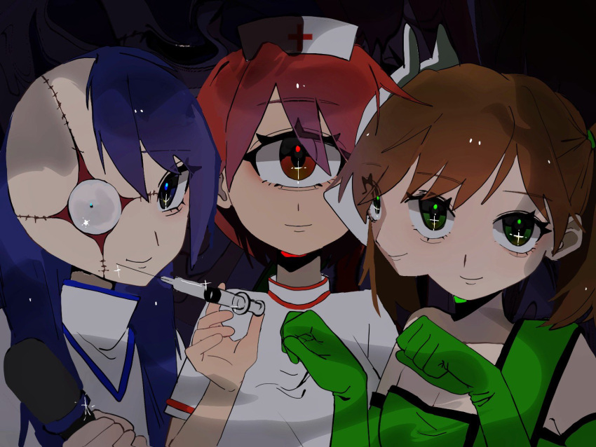 3girls black_background blue_eyes blue_hair brown_hair cross_scar cyclops gloves green_eyes green_gloves hashtag_only_commentary hat highres holding holding_microphone holding_syringe ichigou_(ikigusare) ikigusare long_hair looking_at_viewer microphone mimeme_756 missing_ear monster_girl multiple_faces multiple_girls multiple_mouths nigou_(ikigusare) nurse nurse_cap one-eyed red_eyes sangou_(ikigusare) scar short_hair short_twintails smile sparkle stitched_face stitches syringe twintails