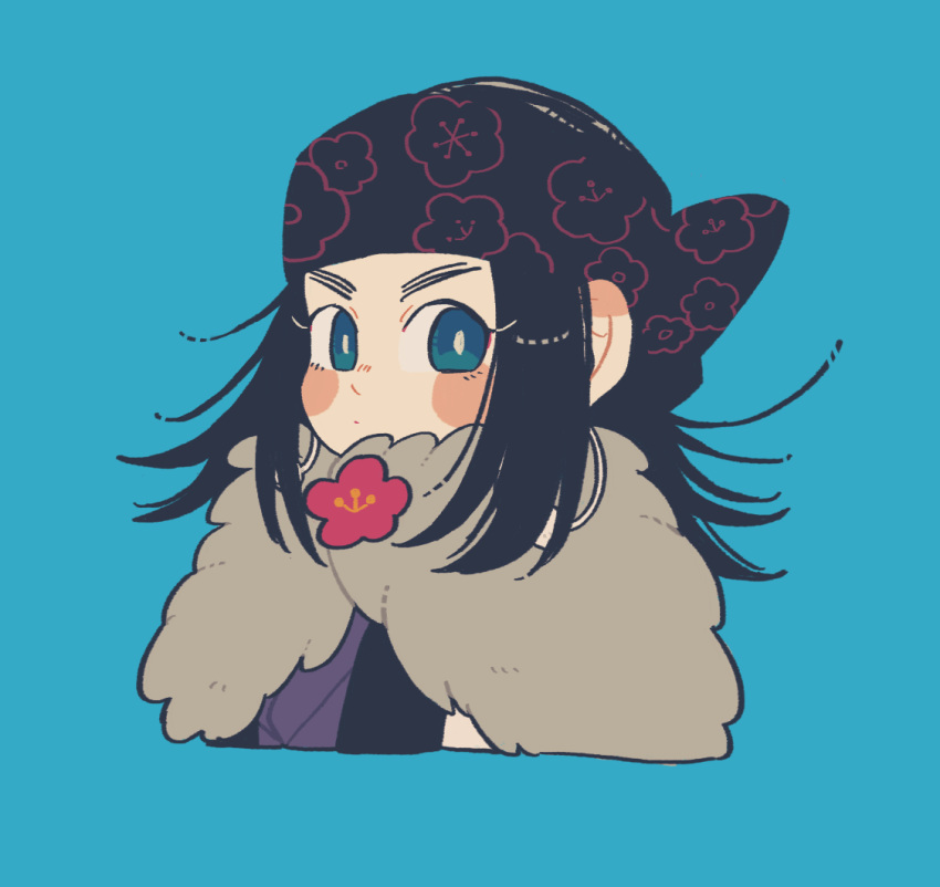 1girl asirpa black_hair black_headband blue_background blue_eyes blush_stickers camellia chibi commentary_request cropped_torso floral_print flower golden_kamuy grey_pupils headband long_hair looking_at_viewer print_headband red_flower remu_(kudarizaka_25) simple_background solo upper_body