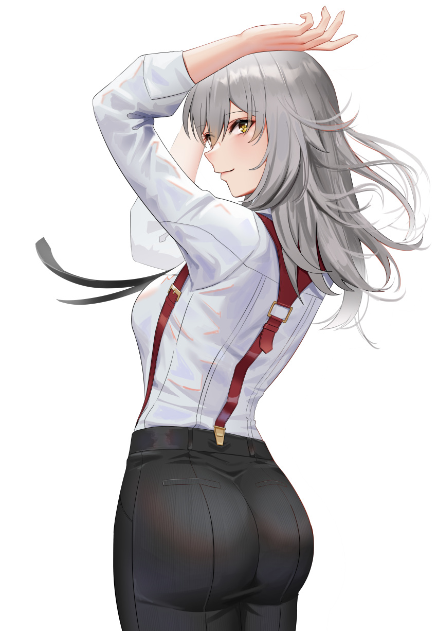 1girl absurdres alternate_costume anoreika_tomoe arms_up ass black_necktie black_pants breasts commentary cowboy_shot grey_hair highres honkai:_star_rail honkai_(series) long_hair looking_at_viewer medium_breasts necktie pants simple_background smile solo standing stelle_(honkai:_star_rail) suspenders trailblazer_(honkai:_star_rail) white_background yellow_eyes