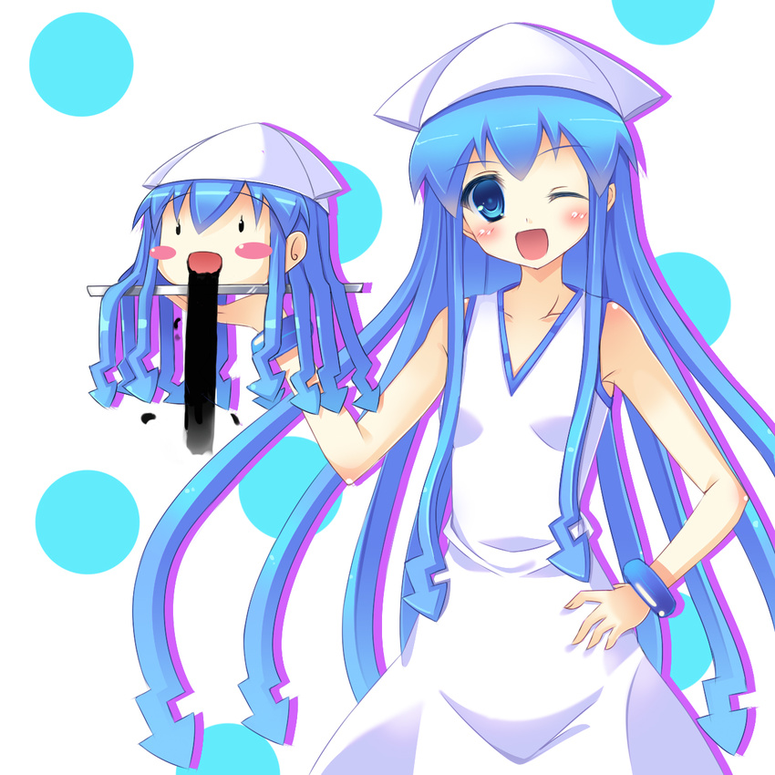 bad_id bad_pixiv_id blue_eyes blue_hair blush bracelet ebicha hat highres ikamusume jewelry long_hair one_eye_closed shinryaku!_ikamusume solo squid_ink tentacle_hair tentacles