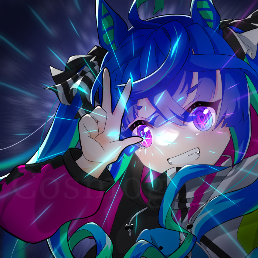 1girl ahoge animal_ears aqua_hair black_ribbon blue_eyes blue_hair coat crossed_bangs drawstring glowing glowing_eye grin hair_ribbon heterochromia highres hood hood_down hooded_coat horse_ears horse_girl horse_tail kosumoggu long_hair long_sleeves looking_at_viewer multicolored_coat multicolored_hair purple_eyes ribbon sharp_teeth sidelocks smile solo stuffed_animal stuffed_rabbit stuffed_toy tail teeth twin_turbo_(umamusume) twintails two-tone_hair umamusume w