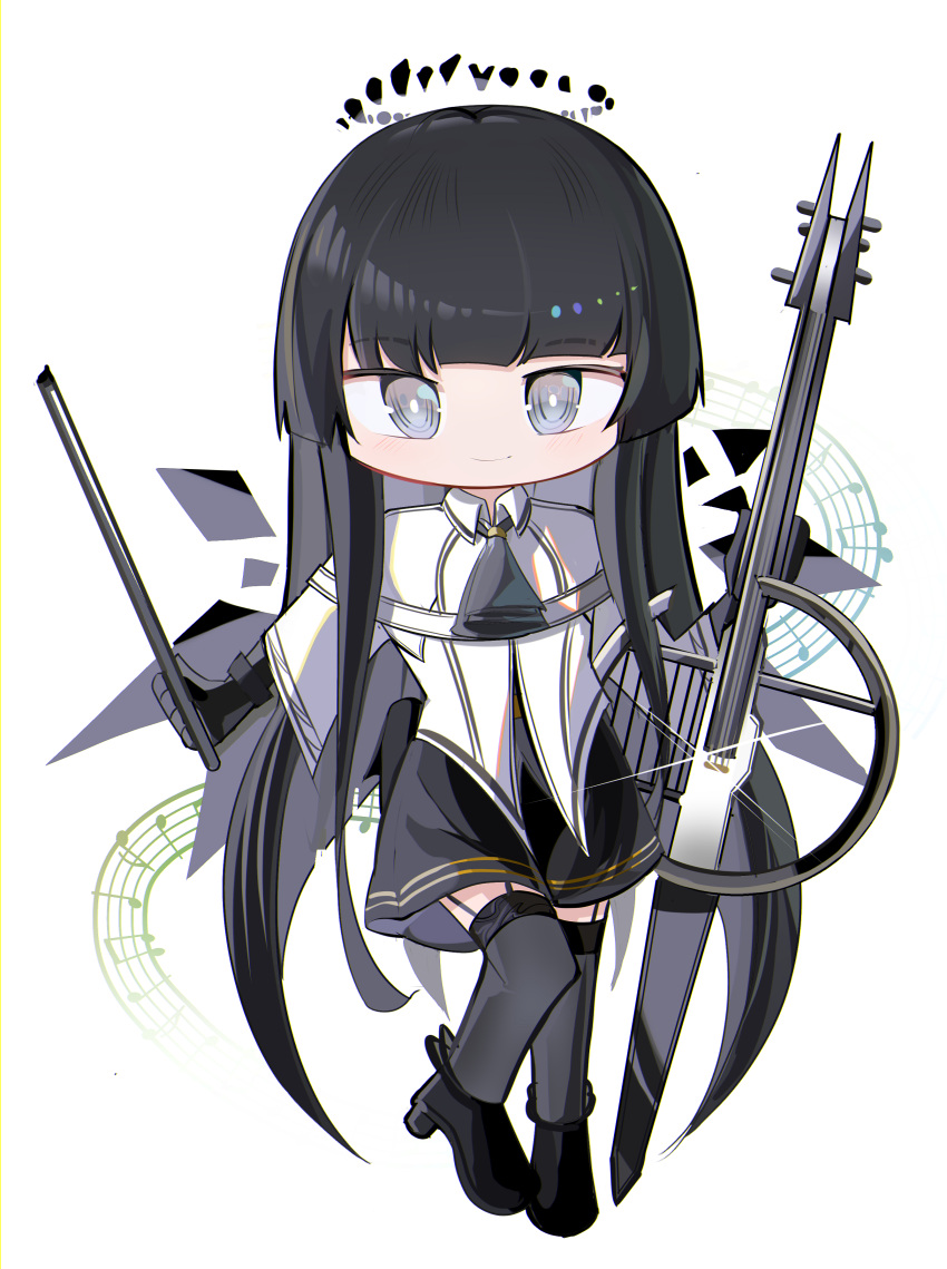 1girl absurdres arknights ascot black_ascot black_eyes black_footwear black_garter_straps black_gloves black_hair black_halo black_shirt black_skirt black_thighhighs black_wings blunt_bangs bow_(music) bright_pupils broken_halo cello chest_strap chibi closed_mouth collared_jacket dark_halo detached_wings dress_shirt energy_wings full_body garter_straps glint gloves halo heel_up high_heels highres hime_cut holding holding_bow_(music) holding_instrument holding_violin instrument invisible_floor jacket layered_sleeves leg_up light_blush long_hair long_sleeves looking_at_viewer miniskirt musical_note pale_skin shirt short_over_long_sleeves short_sleeved_jacket short_sleeves sidelocks simple_background skirt smile solo spam_(spamham4506) staff_(music) standing standing_on_one_leg straight_hair strappy_heels thighhighs very_long_hair violin virtuosa_(arknights) white_background white_jacket white_pupils wide_sleeves wing_collar wings zettai_ryouiki