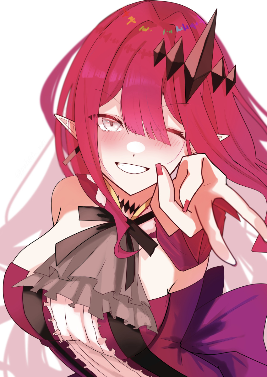 1girl absurdres baobhan_sith_(fate) baobhan_sith_(first_ascension)_(fate) bare_shoulders black_bow blush bow breasts detached_sleeves dress earrings fate/grand_order fate_(series) grey_eyes hair_ornament hand_up highres jewelry long_hair looking_at_viewer mabotofu_maki nail_polish one_eye_closed open_mouth pink_hair pointy_ears red_dress red_nails sidelocks smile solo teeth upper_body v white_background
