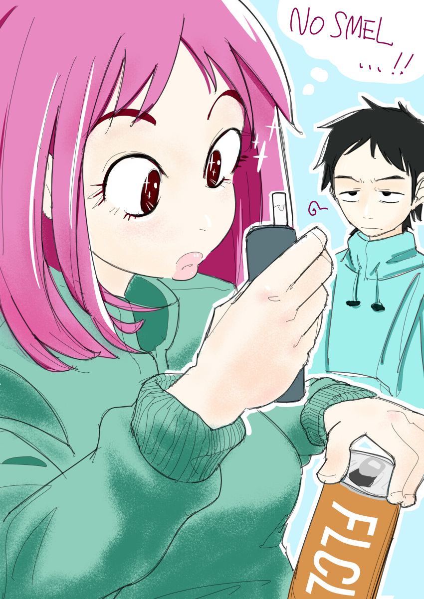 1boy 1girl absurdres black_eyes black_hair blue_hoodie blush can electronic_cigarette flcl highres holding hood hoodie lips looking_at_object nandaba_naota omh204 pink_hair samejima_mamimi simple_background