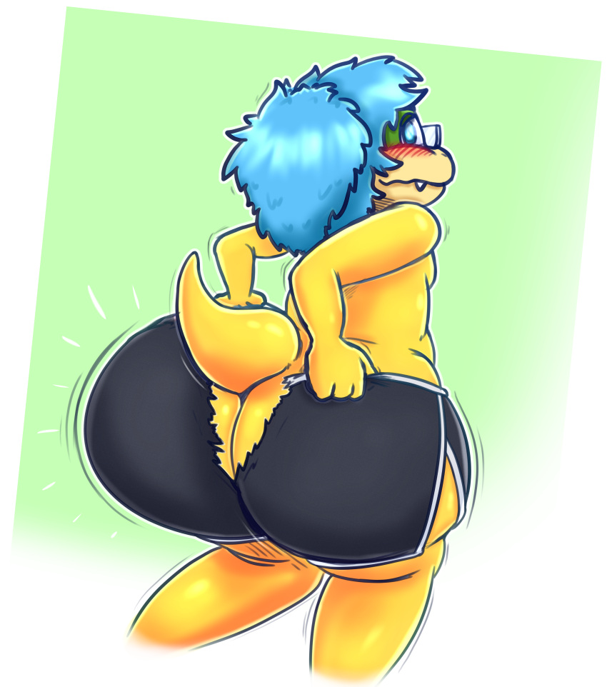 absurd_res anthro big_butt blue_hair blush blush_lines bottomwear butt clothing eyewear glasses hair hi_res koopa male mario_bros motion_lines nintendo rear_view scalie shorts simple_background solo solo_focus tail torn_clothing websheck