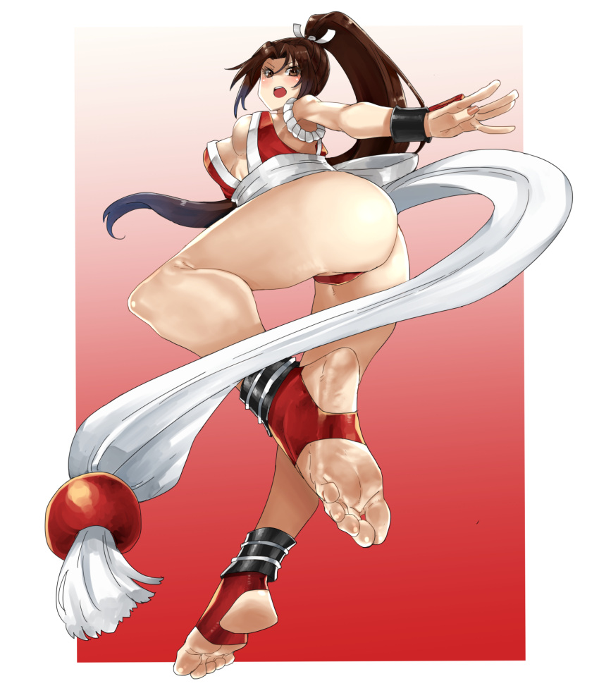 1girl ass bare_legs barefoot border breasts brown_eyes brown_hair butt_crack cleavage eiji_(eiji) fatal_fury feet fire foot_focus foreshortening full_body high_ponytail highleg highleg_panties highres holding huge_breasts japanese_clothes long_hair looking_at_viewer multicolored_background ninja open_mouth panties pelvic_curtain ponytail red_footwear revealing_clothes rope sash shiranui_mai sleeveless soles solo the_king_of_fighters the_king_of_fighters_xv thighs thrown toeless_footwear toes underwear white_border