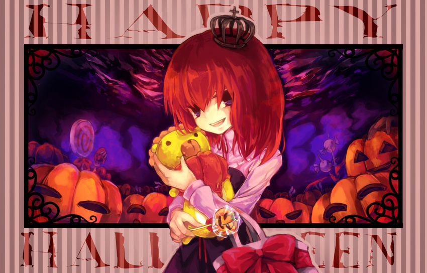 bad_id bad_pixiv_id blue_eyes bow candy crown dress food halloween happy_halloween highres jack-o'-lantern kazi lollipop orange_hair pumpkin sakutarou shaped_lollipop solo swirl_lollipop umineko_no_naku_koro_ni ushiromiya_maria