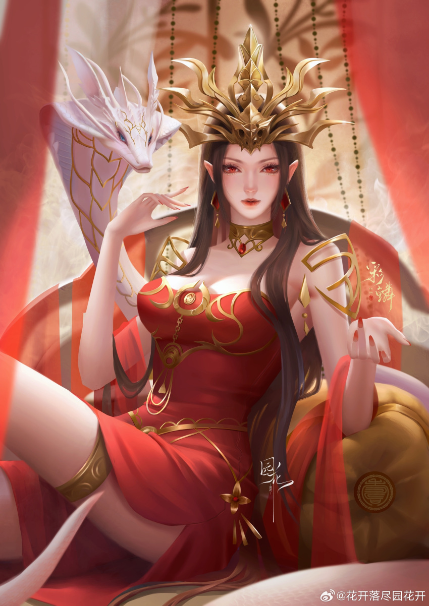 1girl absurdres arm_rest artist_request bare_shoulders brown_hair cai_lin_(doupo_cangqiong) chair closed_mouth doupo_cangqiong dress earrings hair_ornament highres jewelry long_hair looking_at_viewer pointy_ears red_dress red_eyes second-party_source sitting snake solo thighlet